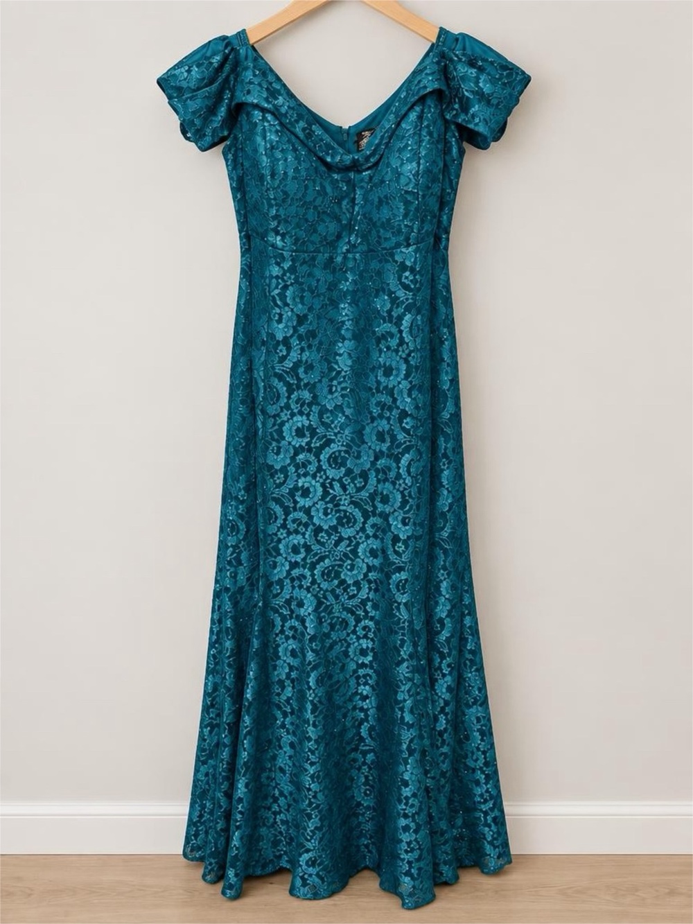 R&M Richards Teal Lace Maxi Dress with Off-Shoulder Sleeves
